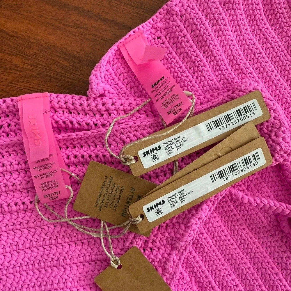 Skims Crochet Swim Bikini SET Top & Bottom Sz XXS Taffy Pink Stretch NWT